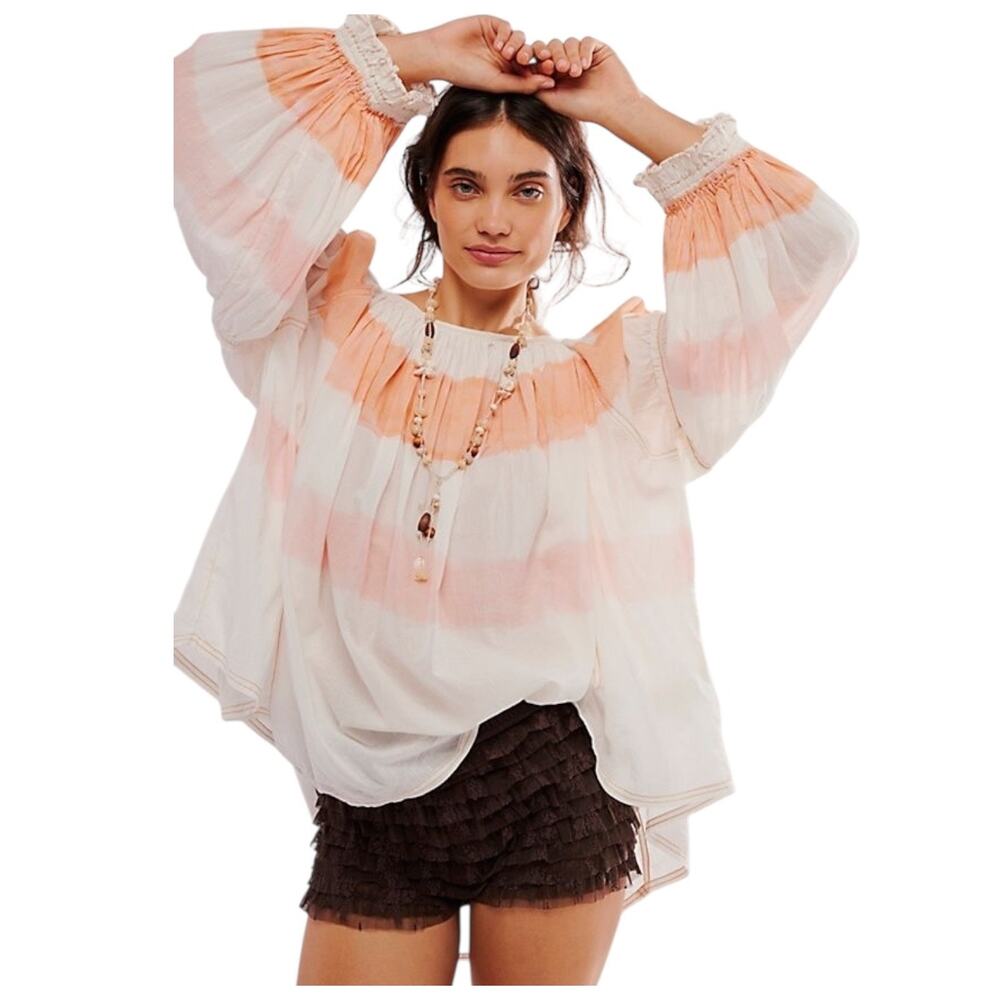 NWT We The Free People Sweet Stripe Shirt White Peach Pink Oversized Large